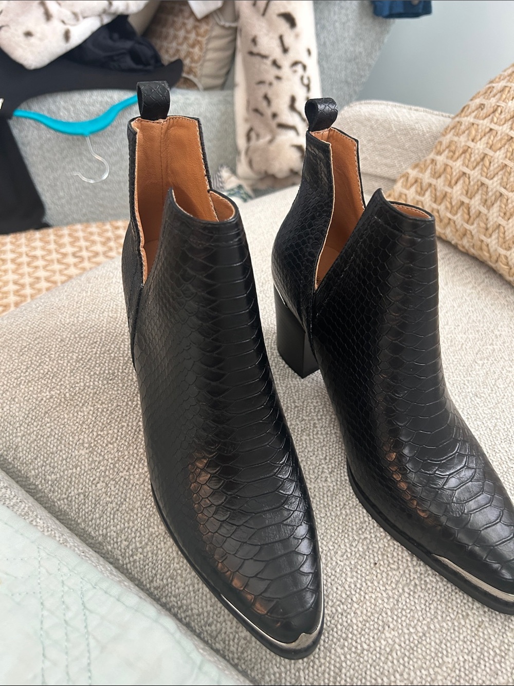 Brand New with tags Textured Black Pointed Chelsea Booties with Stacked Heel